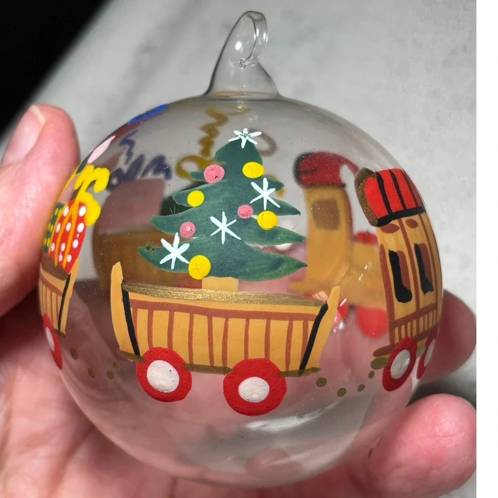 Vintage Handmade blown Christmas Train Ornament Hand Painted‎ Glass Whimsical